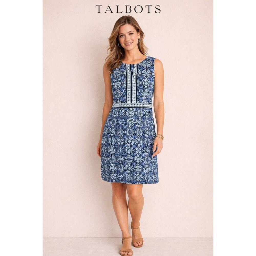 Talbots Blue White Printed Sleeveless Midi Dress